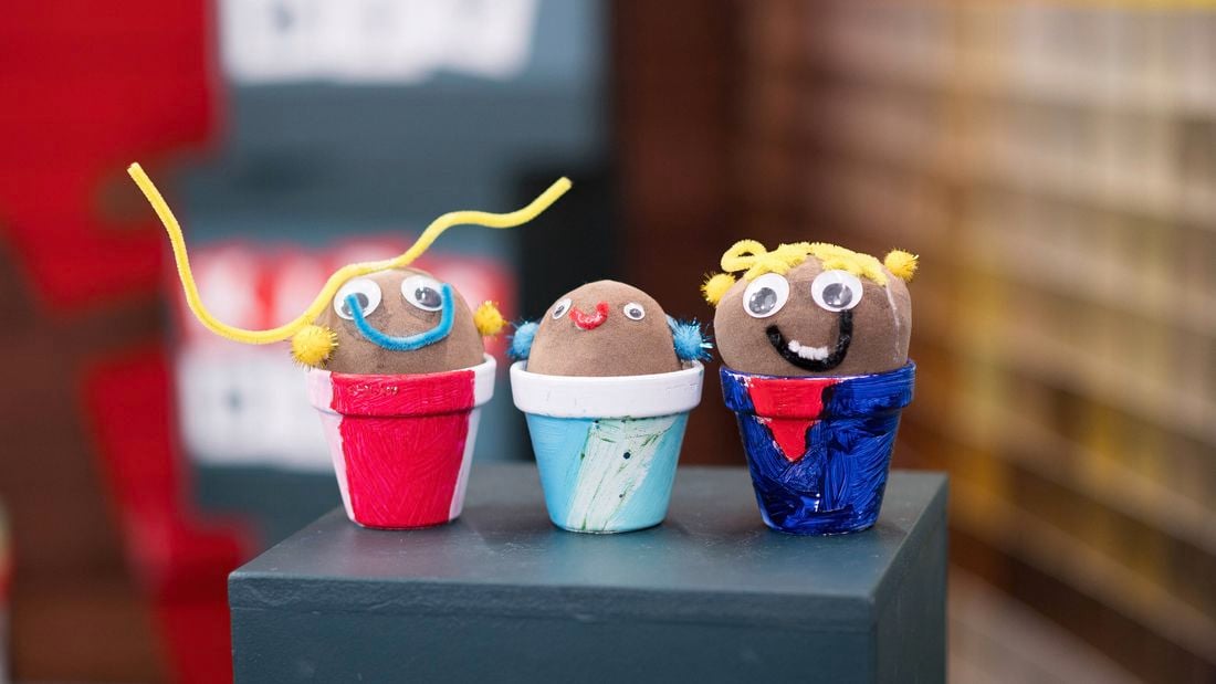 Three coloured Kids craft grass heads in pots.