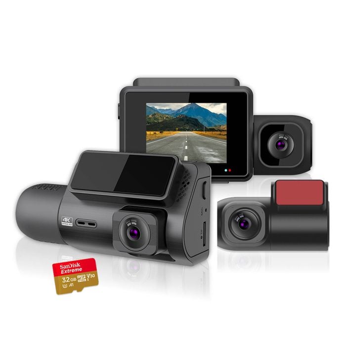 Elinz 3 Channel Dash Cam 4K+1080P+2K Three Way WiFi GPS Night Vision Supercapacitor Sony Starvis Car DVR 32GB U3 Card
