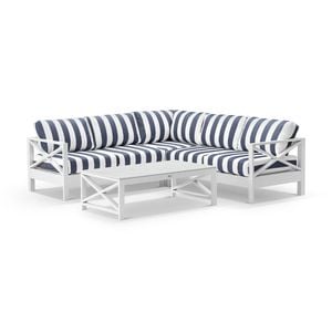 Kansas Outdoor Aluminium Corner Modular Lounge Set White With Coffee Table & Navy Stripe Cushions