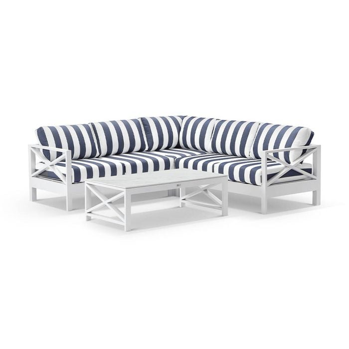 Kansas Outdoor Aluminium Corner Modular Lounge Set White With Coffee Table & Navy Stripe Cushions