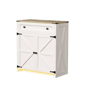 Advwin Led Farmhouse Sideboard Buffet Cabinet With Adjustable Shelf Drawer 2 Barn Doors,white