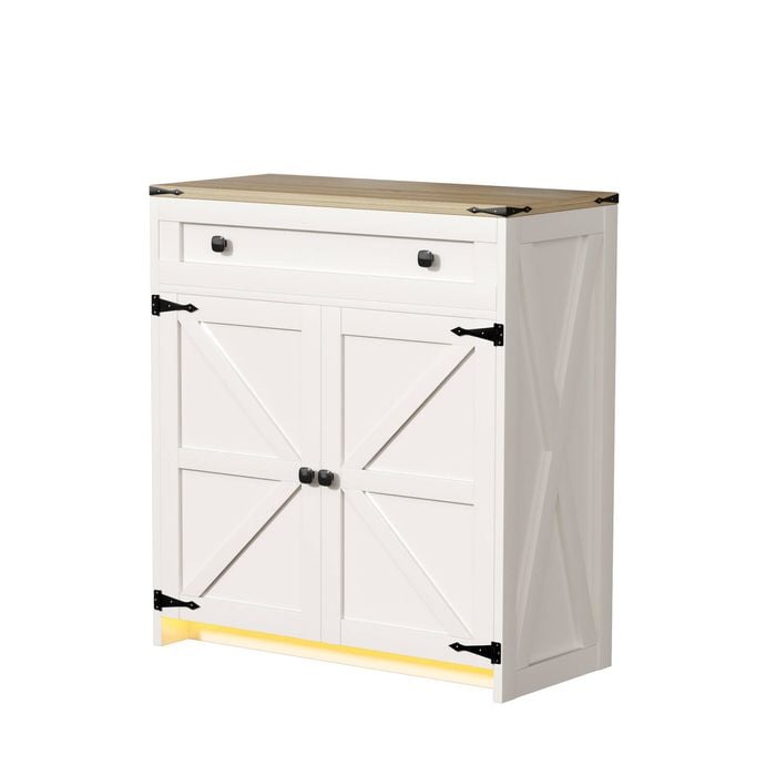 Advwin Led Farmhouse Sideboard Buffet Cabinet With Adjustable Shelf Drawer 2 Barn Doors,white