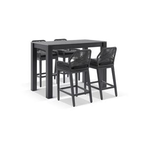 Outdoor Hugo Ceramic 1.5M Rectangle Aluminium Bar Table With 4 X Hugo Rope Bar Stools-Charcoal W/ Carbon Grey Rope &  Denim Grey