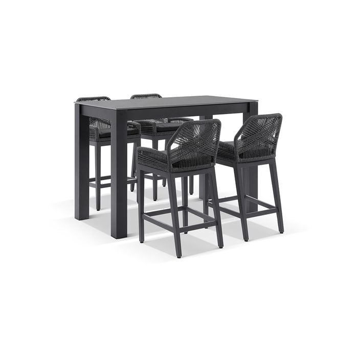 Outdoor Hugo Ceramic 1.5M Rectangle Aluminium Bar Table With 4 X Hugo Rope Bar Stools-Charcoal W/ Carbon Grey Rope &  Denim Grey