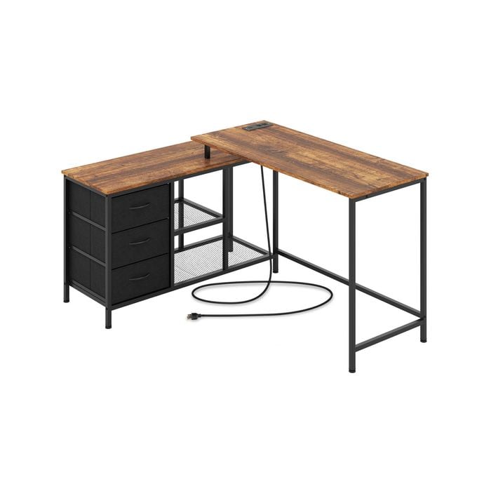 Costway 205cm L-shaped Computer Desk Corner Desk 3 Drawer Brown