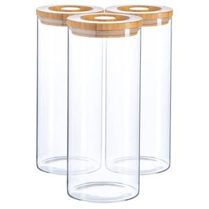 Argon Tableware Glass Storage Jar - Wood Lid - 1.5 Litre - 3x Modern Round Scandi Organisation Container Glass Jar