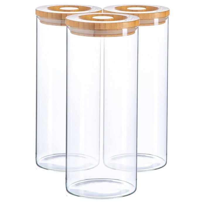 Argon Tableware Glass Storage Jar - Wood Lid - 1.5 Litre - 3x Modern Round Scandi Organisation Container Glass Jar