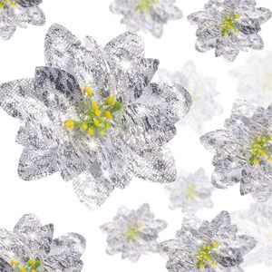 Catzon 24 Pcs Christmas Glitter Poinsettia Flowers for Xmas Tree-Silver