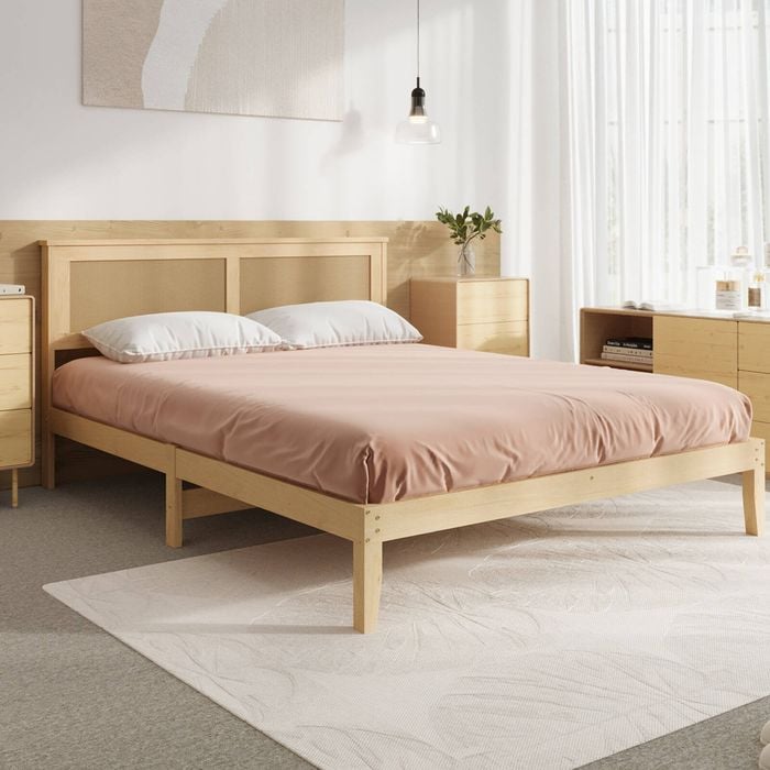 Oikiture Wooden Bed Frame Rattan Headboard Double