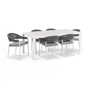 Alpine Outdoor Aluminium & Ceramic Table With 6 Finley Rope Stackable Chairs Frost White