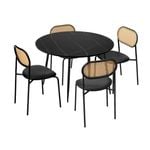 Oikiture 110cm Round Dining Table with 4PCS Dining Chairs PU Leather Black