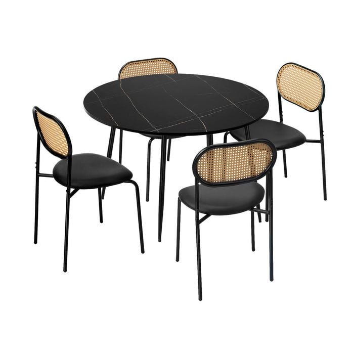 Oikiture 110cm Round Dining Table with 4PCS Dining Chairs PU Leather Black