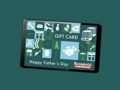 Bunnings Warehouse Father's Day eGift card displayed on a tablet against a teal background. The gift card design features icons of tools, hardware, gardening and home improvement products in a grid pattern, with the text "GIFT CARD" and "Happy Father's Day" and the Bunnings Warehouse logo in the bottom right corner.