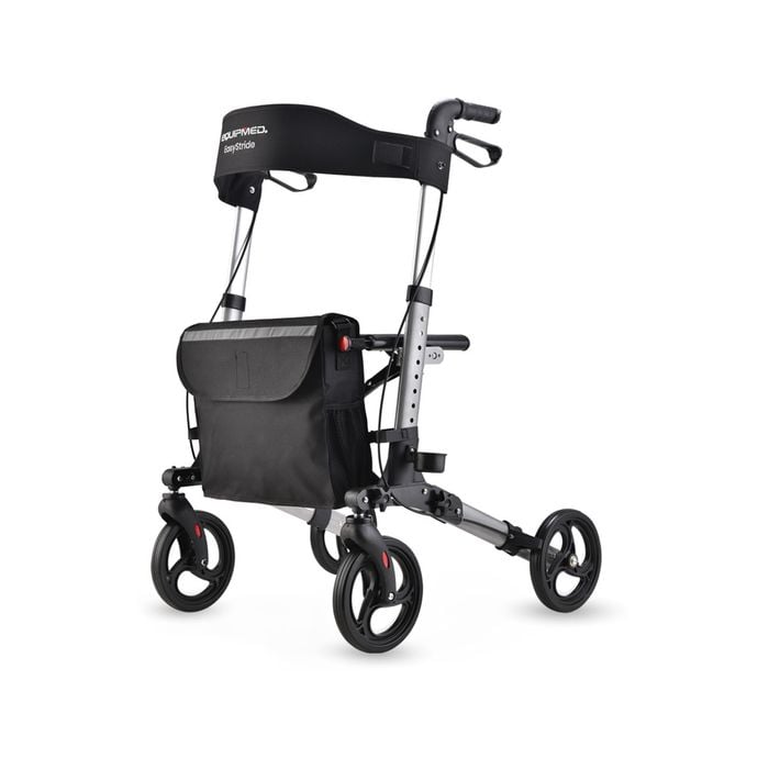 EQUIPMED Foldable Aluminium Walking Frame Rollator with Bag and Seat, Silver