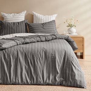 Dreamaker Rumi Washed Cotton Reversible Quilt Cover Set Charcoal with White Stripe Queen Bed