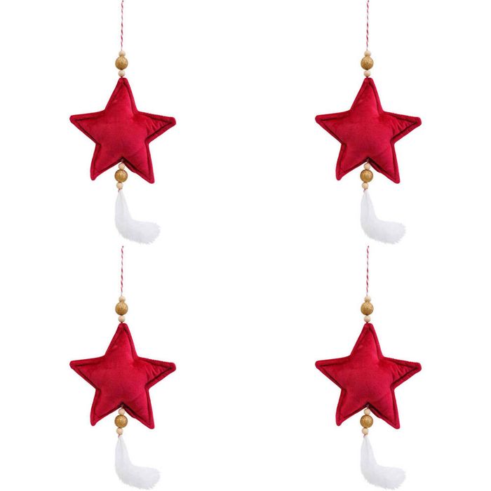 4x LVD Hanging Star Wine Velvet Christmas Tree Ornament Festive Decor 14cm Red