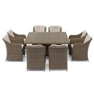 FurnitureOkay Liverpool 9-Piece Wicker Outdoor Dining Setting (Square) - Beige Cushion