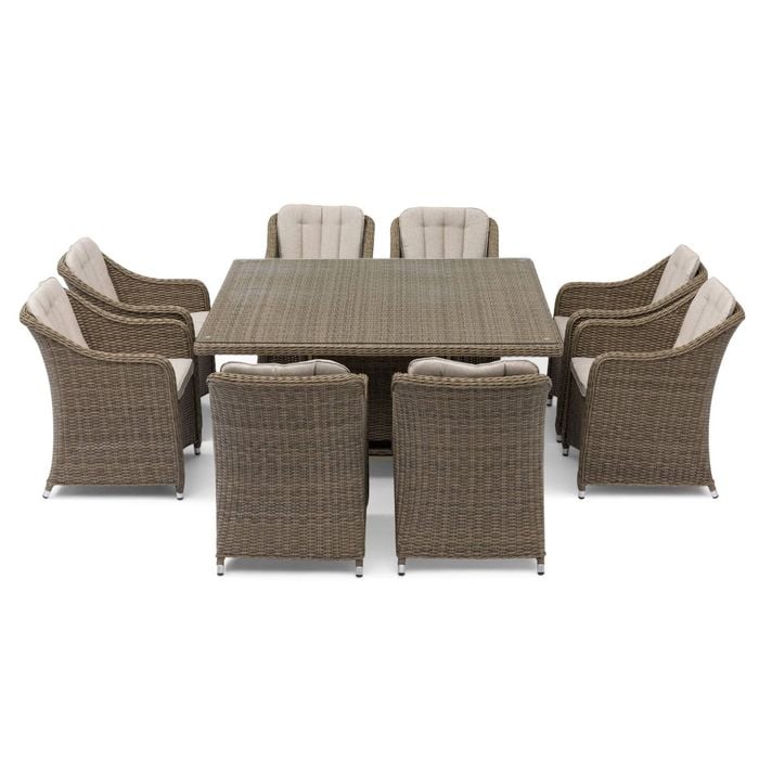 FurnitureOkay Liverpool 9-Piece Wicker Outdoor Dining Setting (Square) - Beige Cushion