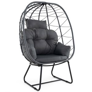 Costway Patio Wicker Egg Chair Oversized Lounger Chair Rattan Basket Chair w/Cushion Pillow-Grey