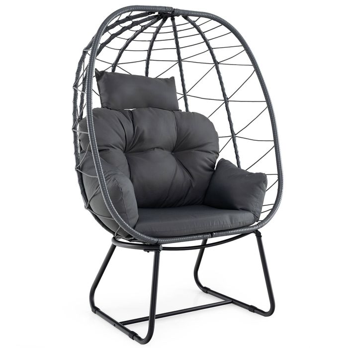 Costway Patio Wicker Egg Chair Oversized Lounger Chair Rattan Basket Chair w/Cushion Pillow-Grey