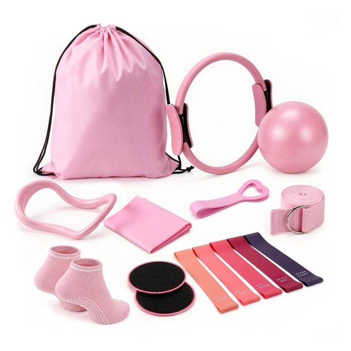Everfit Pilates Ring Set 15Pcs Home Workout Fitness Equipment Yoga Ball Socks Starter Kit Pink