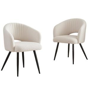BRIBRION x2 Boucle Dining Chairs with Arms Black Metal Legs Upholstered Open Stitching Back Modern Kitchen White