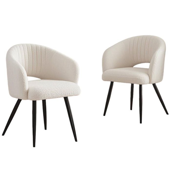 BRIBRION x2 Boucle Dining Chairs with Arms Black Metal Legs Upholstered Open Stitching Back Modern Kitchen White