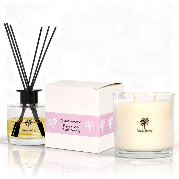 Nicola Spring Soy Wax Scented Candle & Reed Diffuser Set - Summer Berries - 400g Candle 45 Hour Burn & 200ml Diffuser