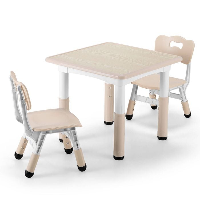 Playpals 3pcs Kids Activity Table And Chairs Set Height Adjustable 60x60cm Graffiti Desktop Beige