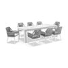 Santorini 2.5m Outdoor Aluminium Dining Table White With 8 Hugo Chairs & Grey Rope W/textured Olefin Cushions