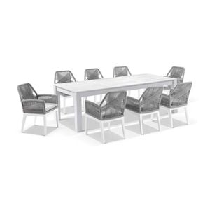 Santorini 2.5m Outdoor Aluminium Dining Table White With 8 Hugo Chairs & Grey Rope W/textured Olefin Cushions