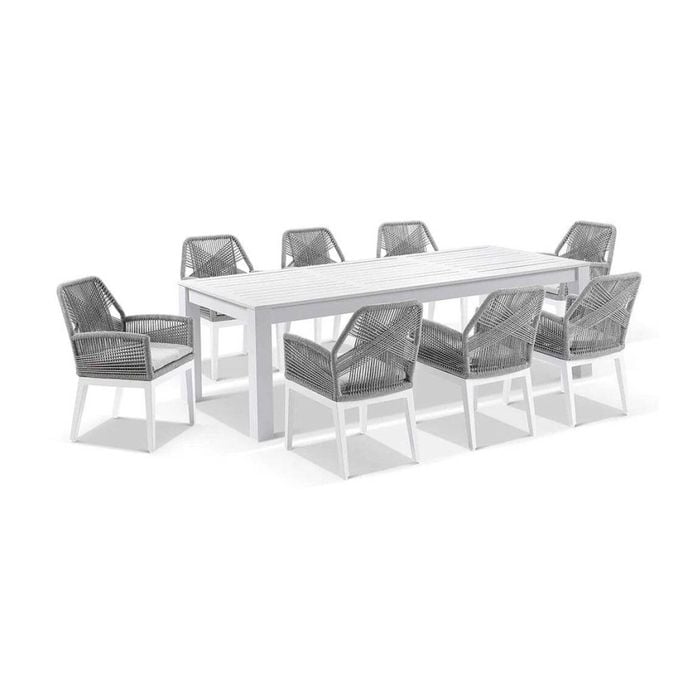 Santorini 2.5m Outdoor Aluminium Dining Table White With 8 Hugo Chairs & Grey Rope W/textured Olefin Cushions