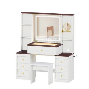 Advwin LED Vanity Desk with Mirror and Charging Hub White + Brown