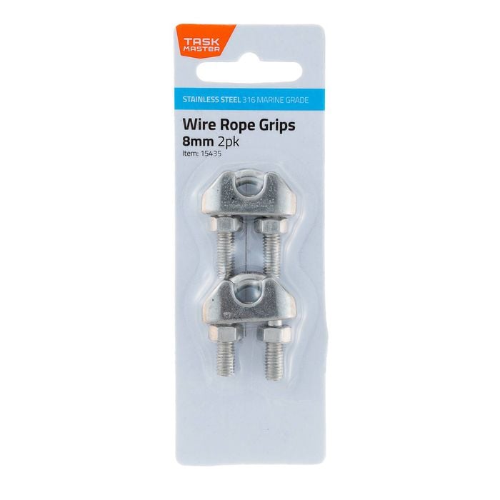 Taskmaster 8mm 316 Stainless Steel Wire Rope Grips - 2 Pack