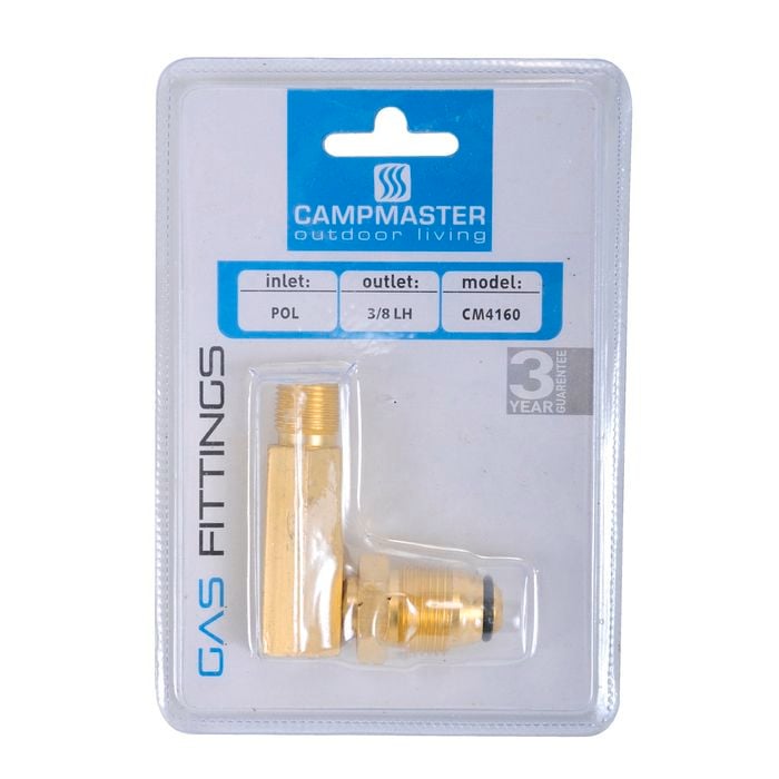 Campmaster Right Angle Gas Adaptor POL(M) to 3/8"LH(M)