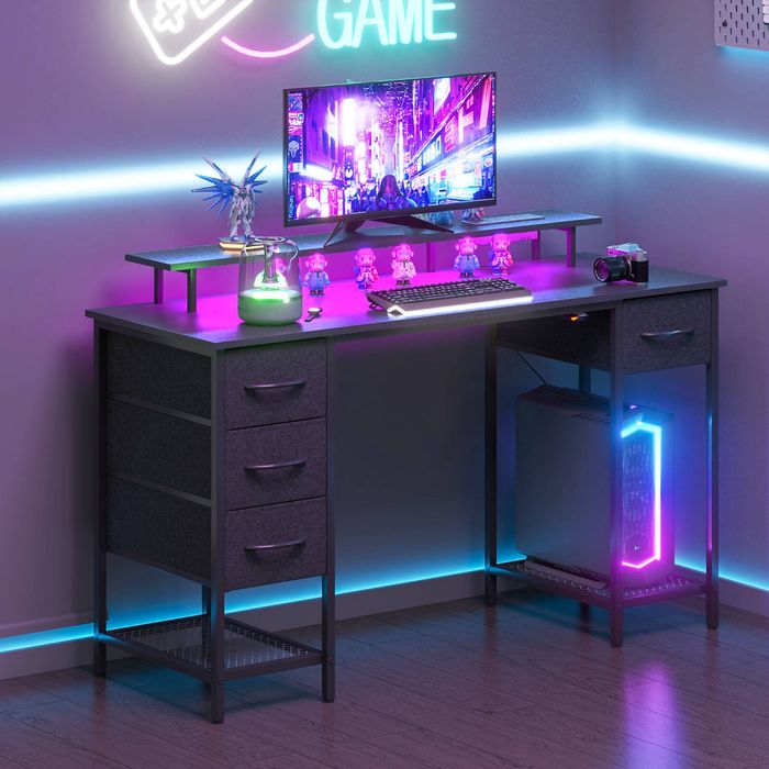 Advwin 137cm Black Computer Desk with LED Lights Power Outlets Gaming Desk