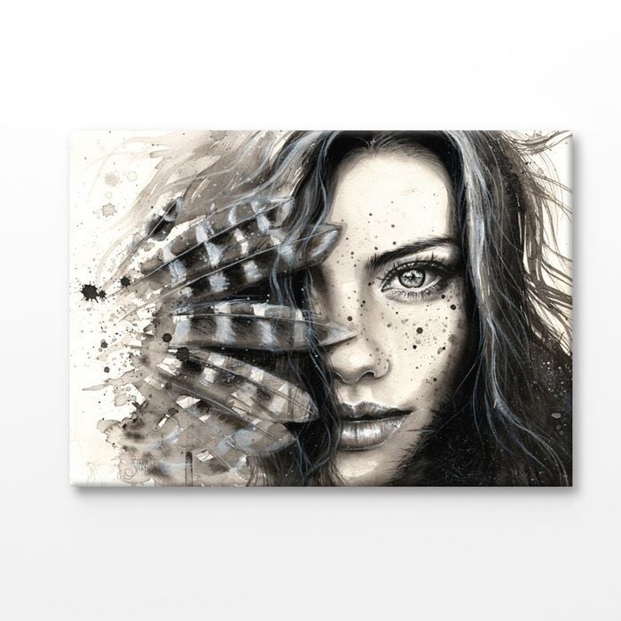 Watercolor Girl With Feathers Print 100% Australian Made 75x50cm (Stretched Canvas)