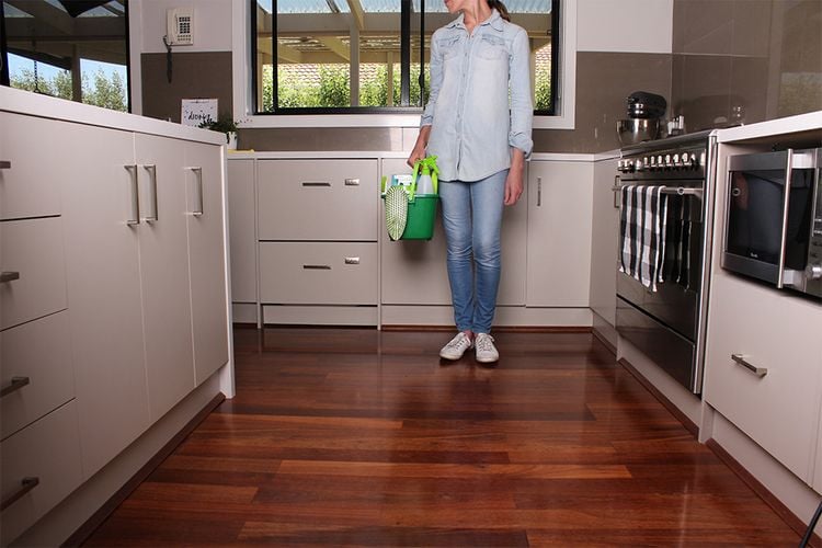 Person standing in a kitchen with a bucket full of cleaning products