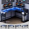 Advwin 150cm L Shaped Convertible Computer Gaming Desk w/ LED Lights Power Outlets Pegboard 242cm 2 Person Table Black