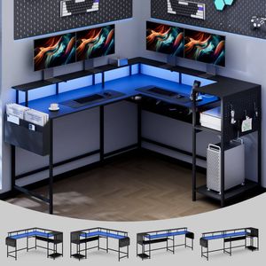 Advwin 150cm L Shaped Convertible Computer Gaming Desk w/ LED Lights Power Outlets Pegboard 242cm 2 Person Table Black