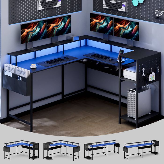 Advwin 150cm L Shaped Convertible Computer Gaming Desk w/ LED Lights Power Outlets Pegboard 242cm 2 Person Table Black
