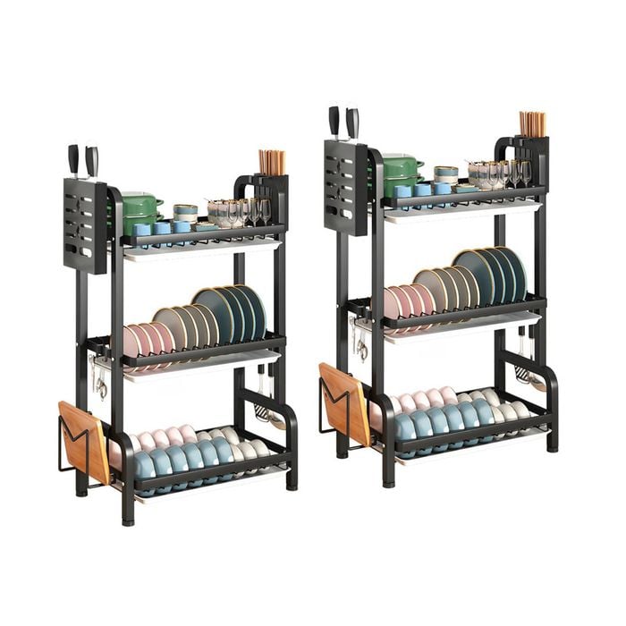 SOGA 2X 3 Tier 62cm Black Steel Kitchen Countertop Drying Rack Organizer