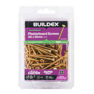 Buildex 8G x 50mm Gold Passivated Plasterboard Screws - 100 Pack
