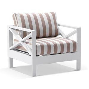 Kansas 1 Seater Outdoor Aluminium Lounge In Sunbrella White & Maxim Heather Beige Cushions