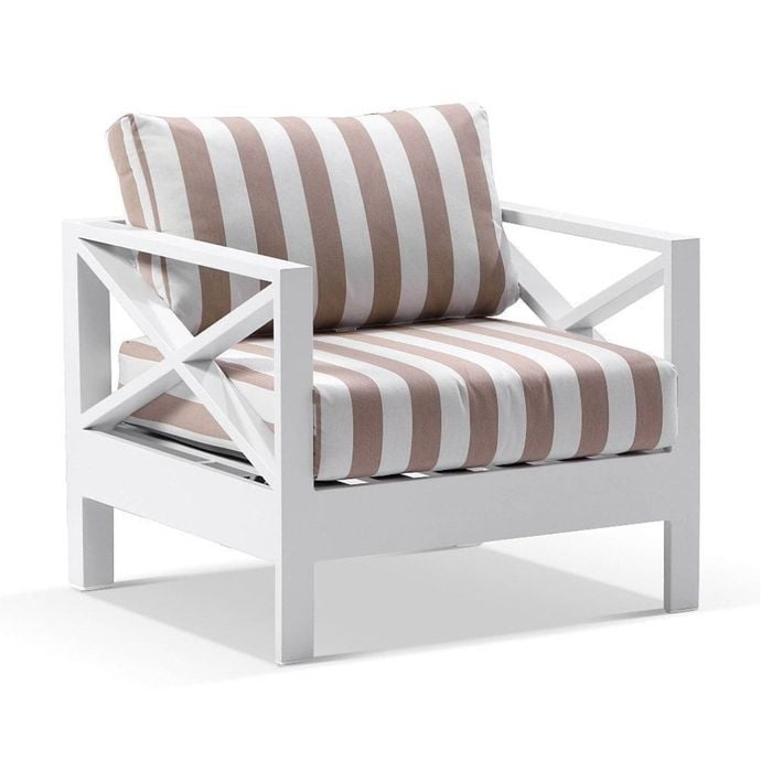 Kansas 1 Seater Outdoor Aluminium Lounge In Sunbrella White & Maxim Heather Beige Cushions