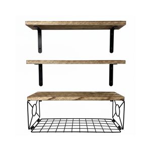Levede Floating Shelves for Wall 3Pc Display Rack with Basket Bedroom Brown