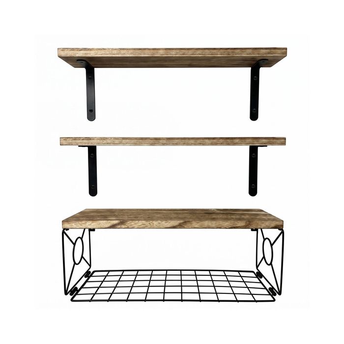 Levede Floating Shelves for Wall 3Pc Display Rack with Basket Bedroom Brown