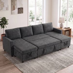 Advwin 253cm 4 Seater Sofa Bed w/ Storage Chaise U Shape Chenille Pull Out Couch Bed Convertible Sleeper Chaise Grey