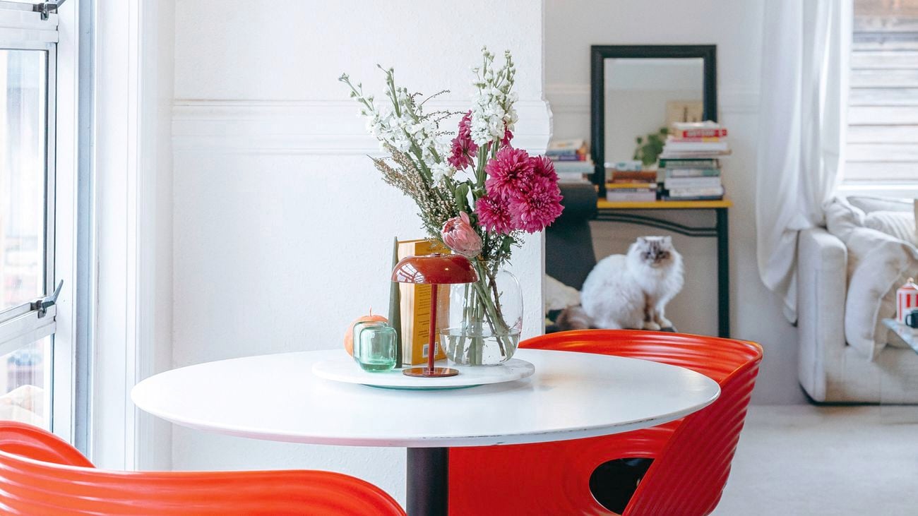 A dining area with a white round table, two red chairs, a vase of flowers, and a white cat in the background.
