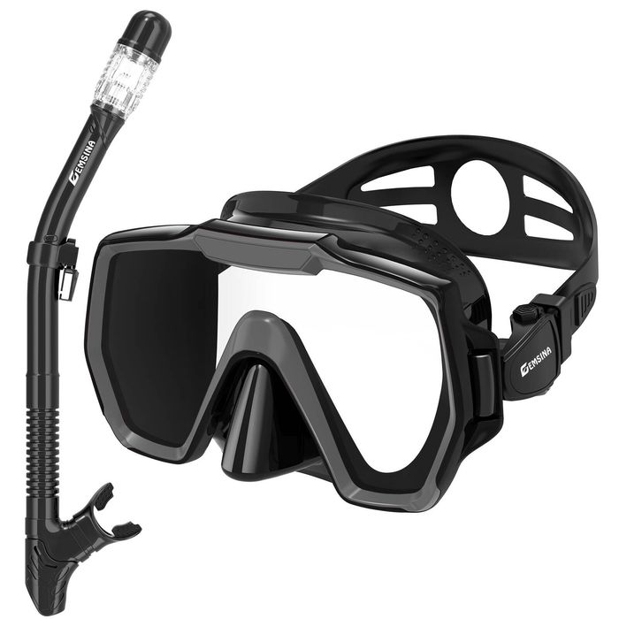 EMSINA E8 Freedom HD Dry Snorkel Set Panoramic Wide View Anti-Fog Diving Mask Snorkeling Gear Black